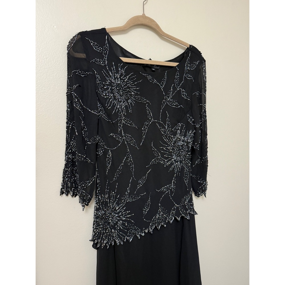 J Kara Black Beaded Floral Chiffon Gown 3/4 Sleeve Formal Evening Dress 8P NWT - Picture 4 of 13